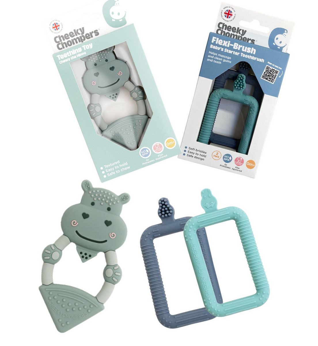 Cheeky Chompers Teething Brush & Chew - Neckerchew Flexibrush Starter Toothbrush 2 Pack-Chewy The Hippo